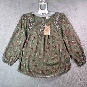 NWT Mason & Belle Top Blouse Women Small Floral Print Lace Detail Dark Green NEW
